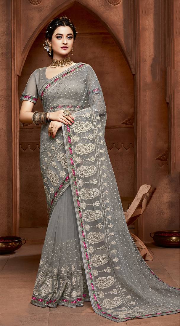 Grey embroidered net saree with blouse