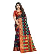 Navy blue woven cotton silk saree with blouse