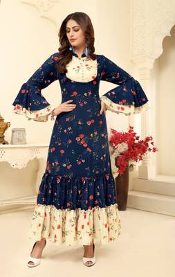 Navraj Fashion Women's Navy Blue Floral Print Flared Kurta 1