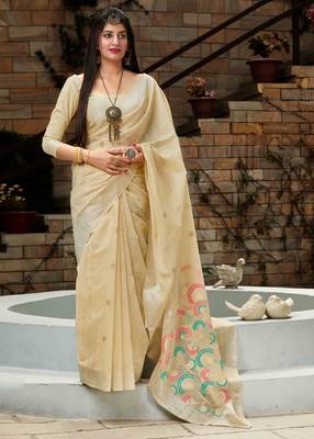 Cream woven banarasi cotton saree with blouse 1