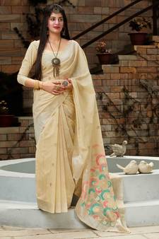 Cream woven banarasi cotton saree with blouse