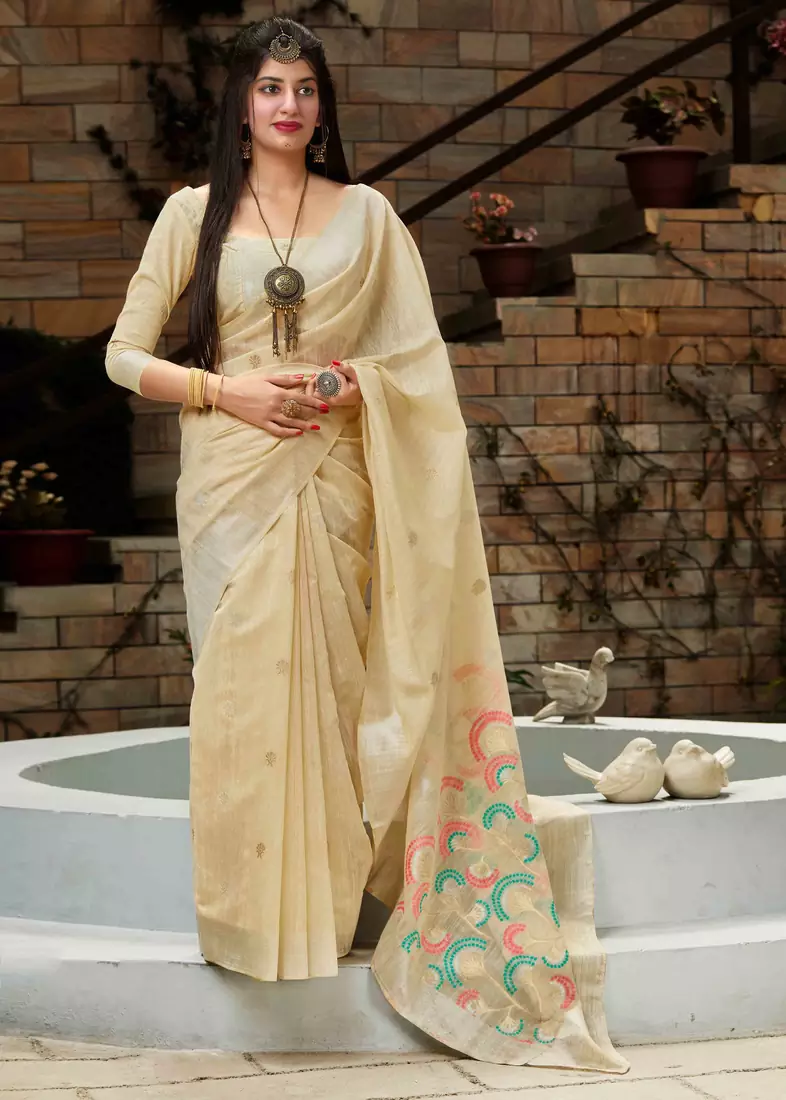 Cream woven banarasi cotton saree with blouse