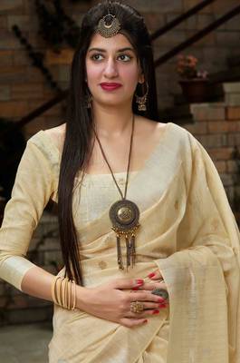 Cream woven banarasi cotton saree with blouse 2