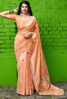 Peach woven banarasi cotton saree with blouse 1