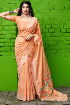 Peach woven banarasi cotton saree with blouse