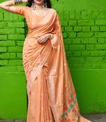 Peach woven banarasi cotton saree with blouse