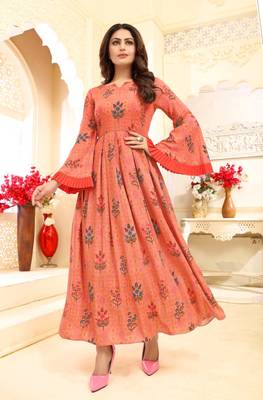 Navraj Fashion Women's Rayon Orange Color Printed Gown Dress 1