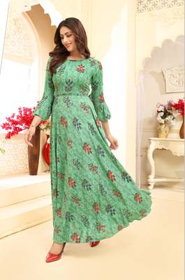 Navraj Fashion Women's Sea Green Floral Print Flared Anarkali Gown Kurta 1