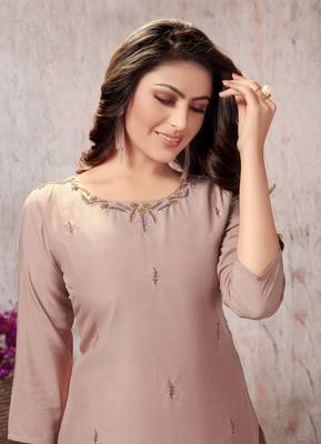 Navraj Fashion Women's Beige Pink Color Muslin Hand Work Designer Straight Kurta With Pant 2