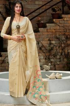 Cream Woven Silk Blend Saree With Blouse