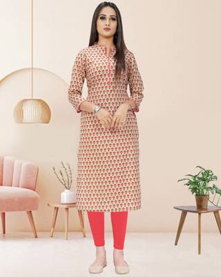 Beige printed cotton ethnic-kurtis 1