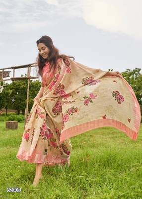 beige printed linen saree with blouse 3