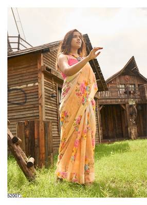 beige printed linen saree with blouse 3