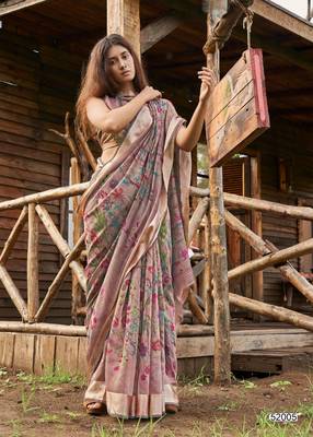 brown printed linen saree with blouse 2