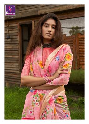 pink printed linen saree with blouse 3