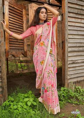 pink printed linen saree with blouse 4