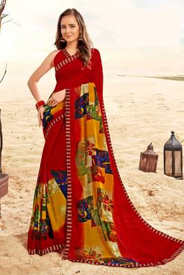 red printed georgette saree with blouse 1