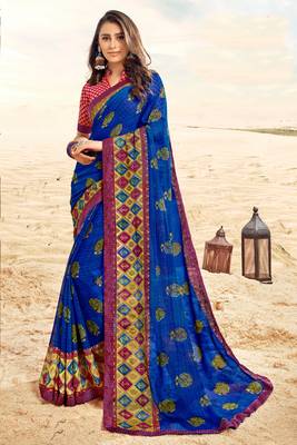 blue printed georgette saree with blouse 1