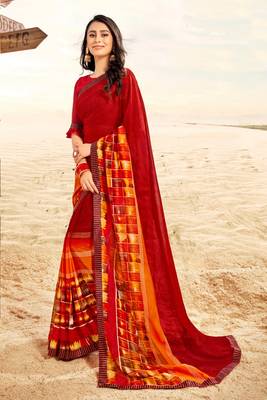 red printed georgette saree with blouse 1