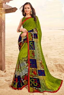 green printed georgette saree with blouse 1