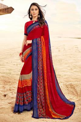 red printed georgette saree with blouse 1