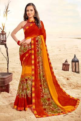 orange printed georgette saree with blouse 1