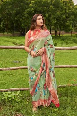 green printed linen saree with blouse 1