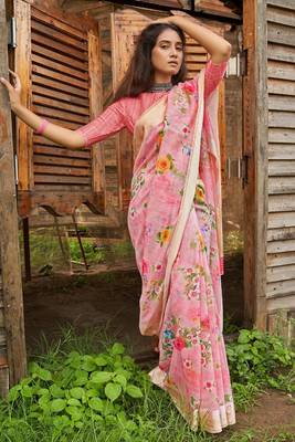 pink printed linen saree with blouse 5