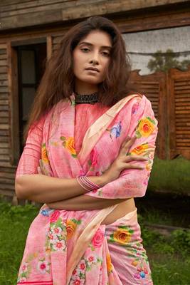 pink printed linen saree with blouse 6