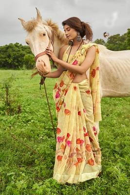 yellow printed linen saree with blouse 1