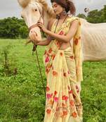 yellow printed linen saree with blouse