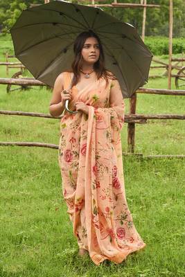 peach printed linen saree with blouse 1