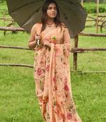 peach printed linen saree with blouse