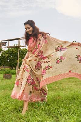 beige printed linen saree with blouse 1