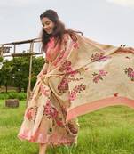 beige printed linen saree with blouse