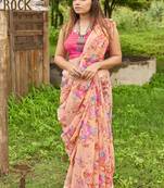 peach printed linen saree with blouse