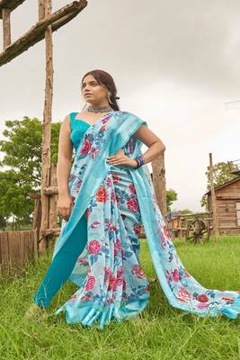 blue printed linen saree with blouse 1