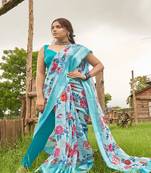 blue printed linen saree with blouse