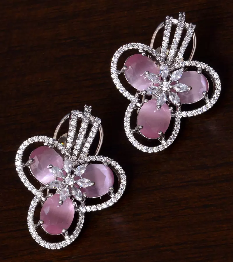 American Diamond and Baby Pink Stone Embellished Designer Earrings