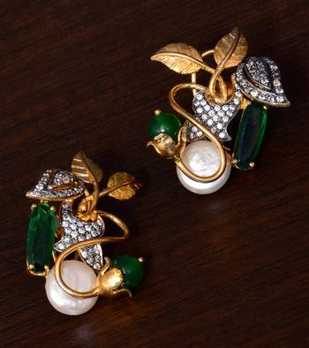 American Diamond, Pearl and Emerald Embellished Designer Earrings 1