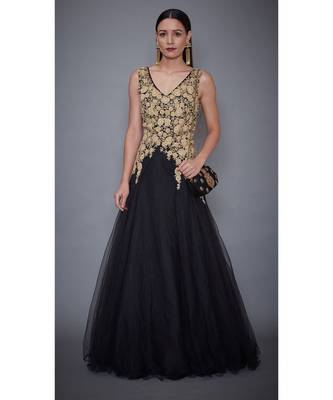 Ri Ritu Kumar V Neck Sleeveless Black Embroidered Gown 3