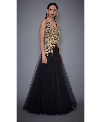 Ri Ritu Kumar V Neck Sleeveless Black Embroidered Gown 6