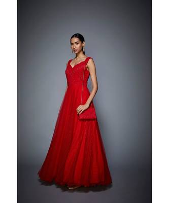 Ri Ritu Kumar Sweet Heart Neckline Sleeveless Red Gown 2
