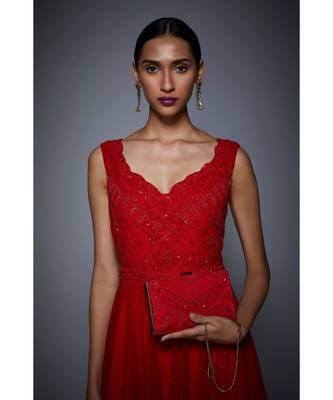 Ri Ritu Kumar Sweet Heart Neckline Sleeveless Red Gown 5