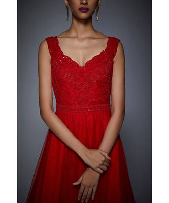 Ri Ritu Kumar Sweet Heart Neckline Sleeveless Red Gown 6