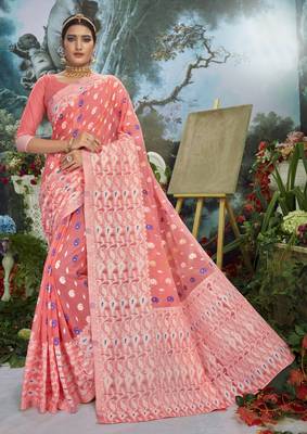 Peach woven cotton silk saree with blouse 1