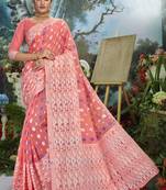 Peach woven cotton silk saree with blouse