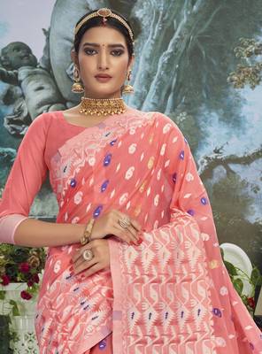 Peach woven cotton silk saree with blouse 2