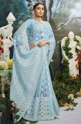 Sky blue woven cotton silk saree with blouse 1