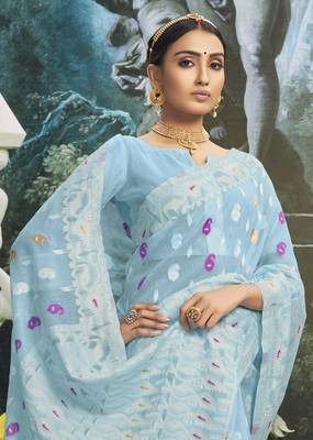Sky blue woven cotton silk saree with blouse 2